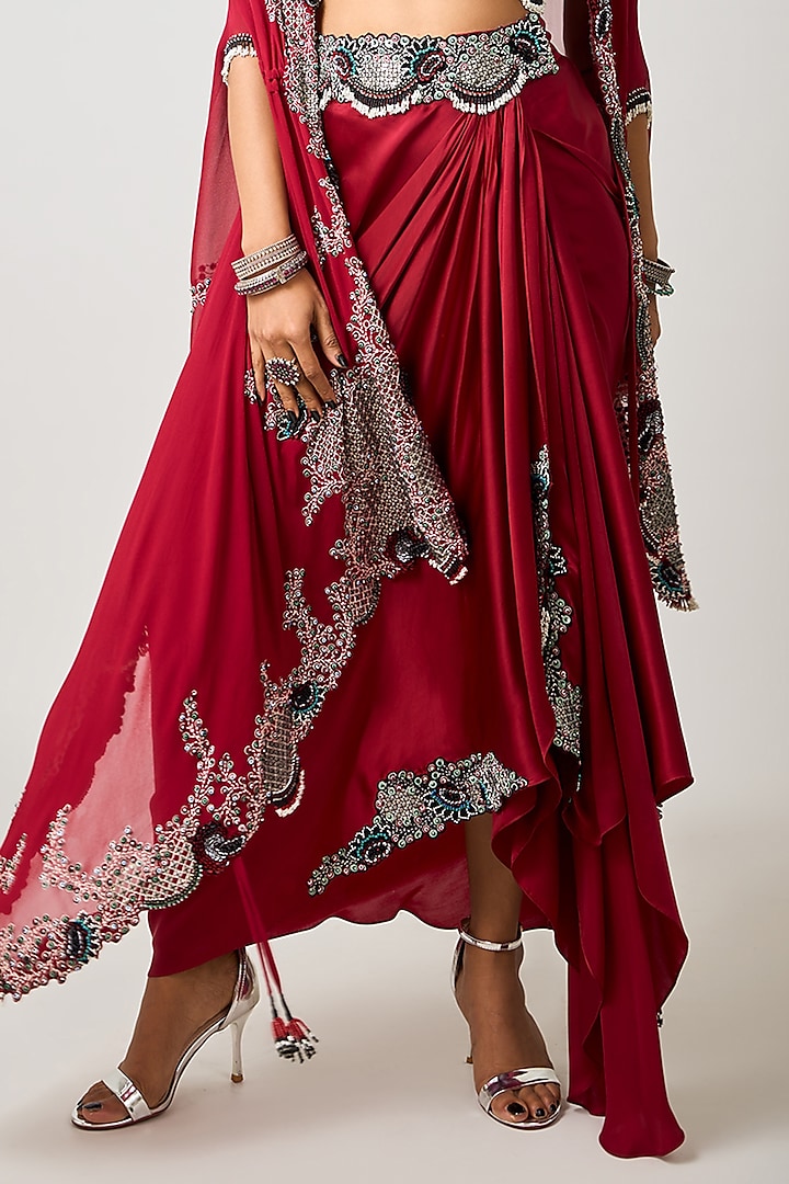 Burgundy Crepe Hand Embroidered Cape Set by Nupur Kanoi at Pernia's Pop Up Shop