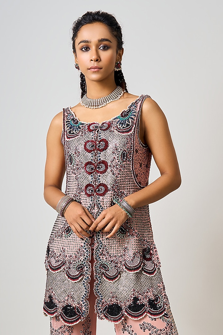 Old Rose Georgette Hand Embroidered Double-Layered Kurta Set by Nupur Kanoi at Pernia's Pop Up Shop