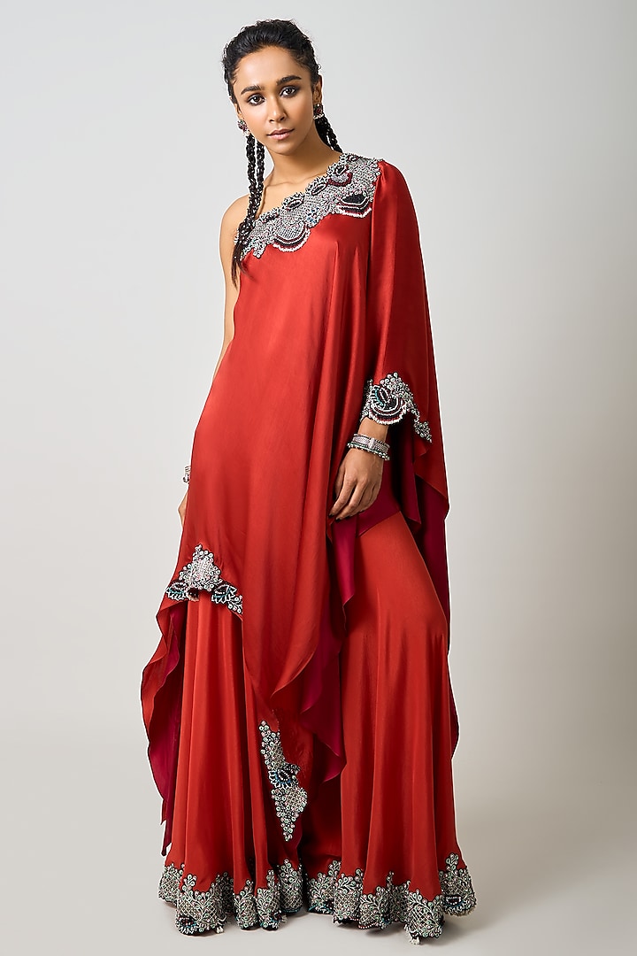 Rust Orange Crepe Hand Embroidered Double-Layered Cape Set by Nupur Kanoi at Pernia's Pop Up Shop