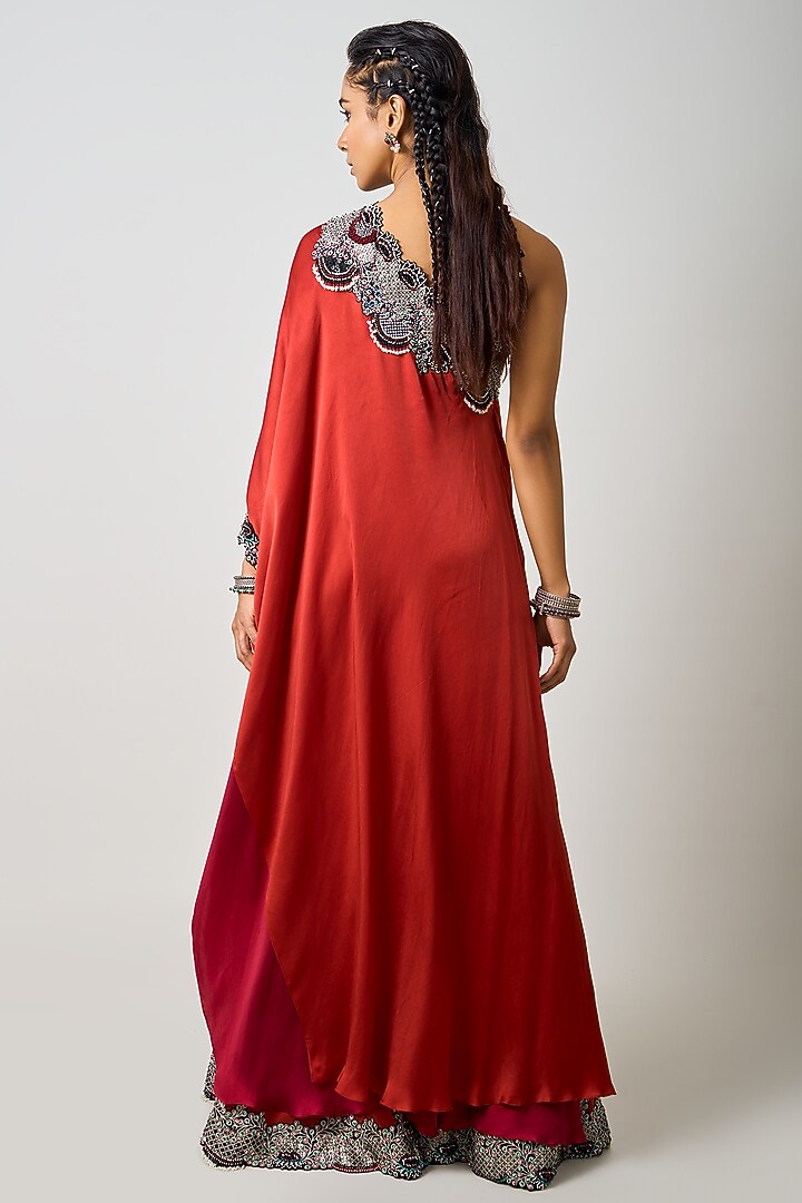Rust Orange Crepe Hand Embroidered Double-Layered Cape Set by Nupur Kanoi at Pernia's Pop Up Shop