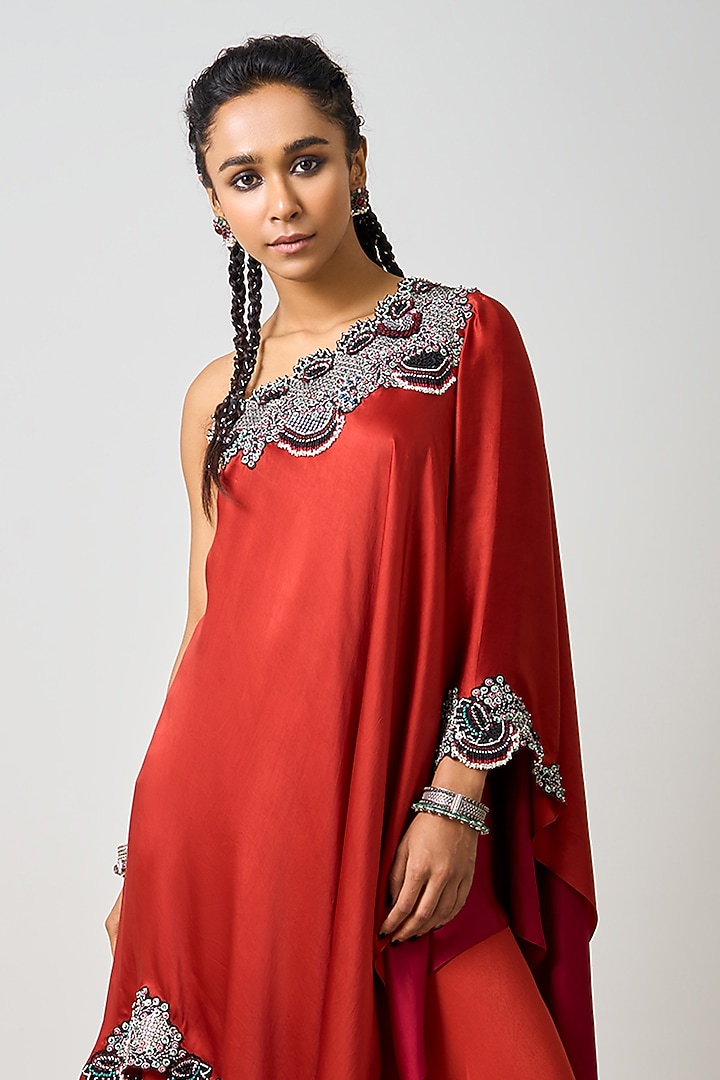 Rust Orange Crepe Hand Embroidered Double-Layered Cape Set by Nupur Kanoi at Pernia's Pop Up Shop