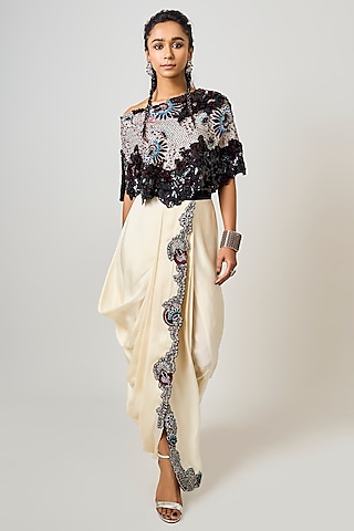 Off-White Crepe & Satin Hand Embroidered Saree Skirt Set by Nupur Kanoi