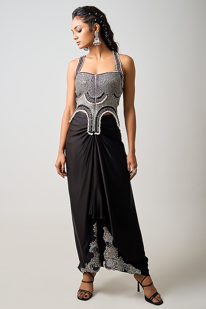 Black Crepe & Satin Pick-Up Skirt Set by Nupur Kanoi at Pernia's Pop Up Shop