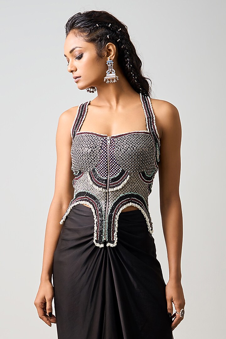 Black Crepe & Satin Pick-Up Skirt Set by Nupur Kanoi at Pernia's Pop Up Shop