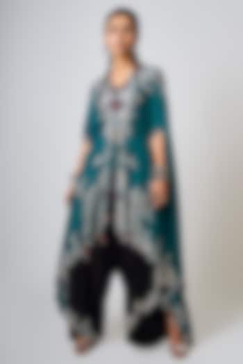 Teal Silk & Satin Hand Embroidered Cape Set by Nupur Kanoi at Pernia's Pop Up Shop