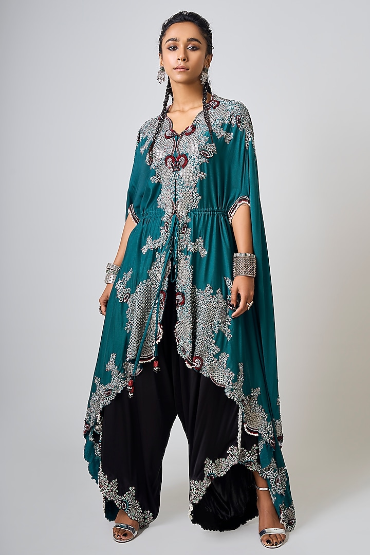 Teal Silk & Satin Hand Embroidered Cape Set by Nupur Kanoi at Pernia's Pop Up Shop