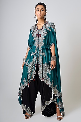 Teal Silk & Satin Hand Embroidered Cape Set by Nupur Kanoi