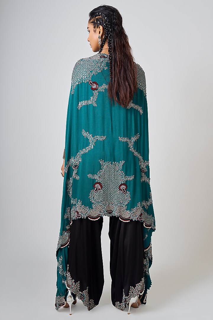 Teal Silk & Satin Hand Embroidered Cape Set by Nupur Kanoi at Pernia's Pop Up Shop