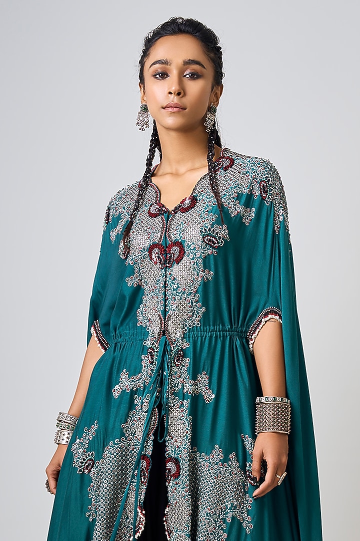Teal Silk & Satin Hand Embroidered Cape Set by Nupur Kanoi at Pernia's Pop Up Shop