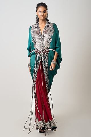 Burgundy Crepe & Satin Gharara Set by Nupur Kanoi