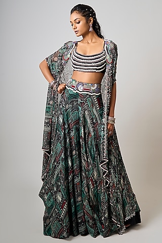 Black Crepe Printed & Hand Embroidered Jacket Lehenga Set by Nupur Kanoi