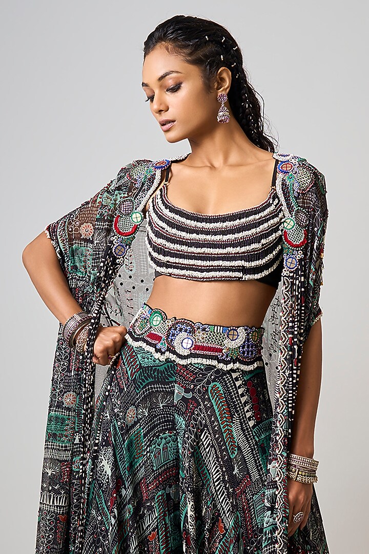 Black Crepe Printed & Hand Embroidered Jacket Wedding Lehenga Set by Nupur Kanoi at Pernia's Pop Up Shop