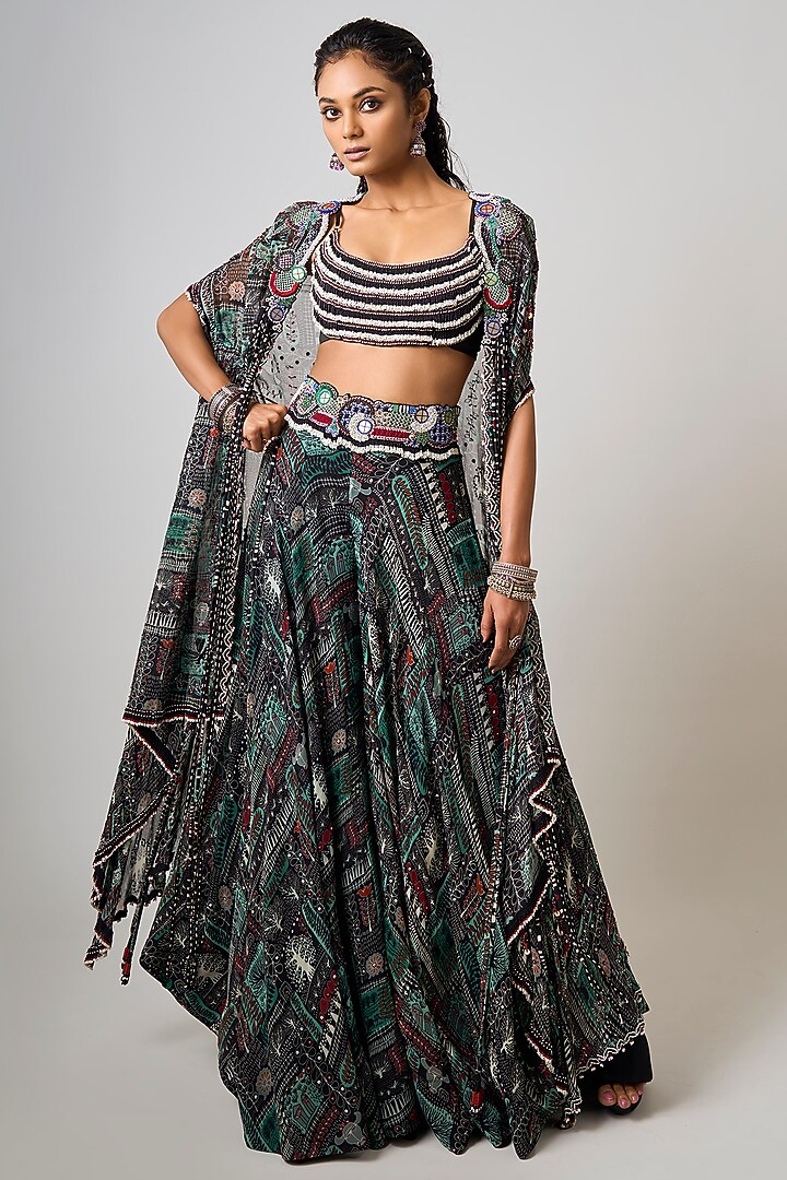 Black Crepe Printed & Hand Embroidered Jacket Wedding Lehenga Set by Nupur Kanoi at Pernia's Pop Up Shop