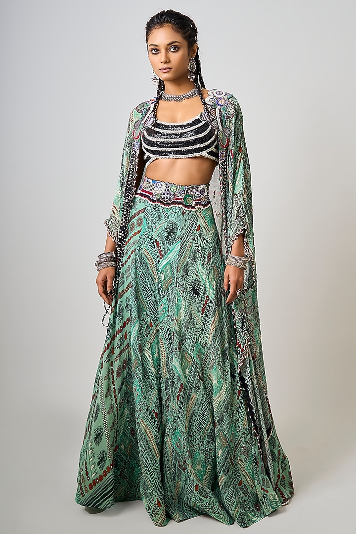 Mint Green Crepe Printed & Hand Embroidered Jacket Wedding Lehenga Set by Nupur Kanoi at Pernia's Pop Up Shop