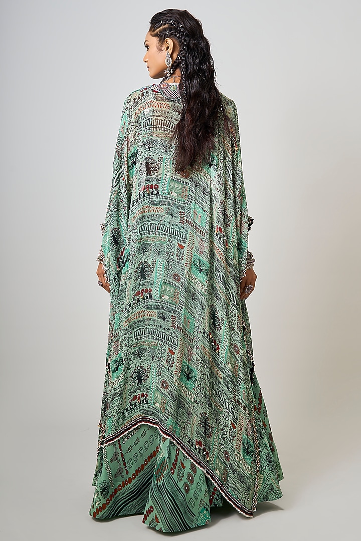 Mint Green Crepe Printed & Hand Embroidered Jacket Wedding Lehenga Set by Nupur Kanoi at Pernia's Pop Up Shop