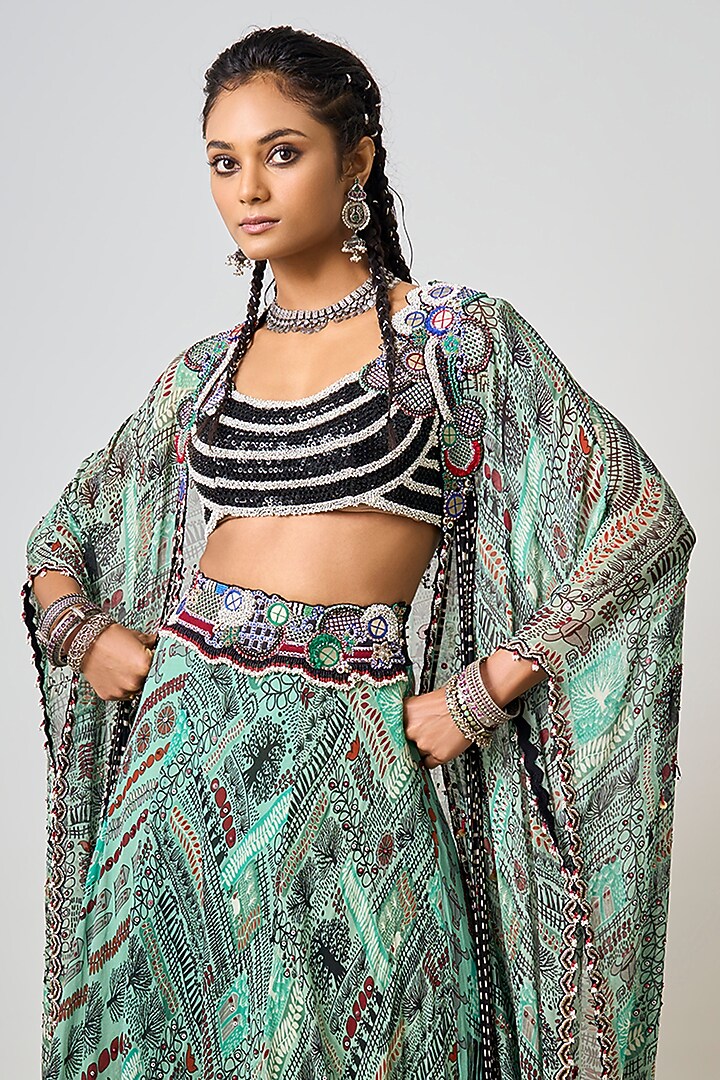 Mint Green Crepe Printed & Hand Embroidered Jacket Wedding Lehenga Set by Nupur Kanoi at Pernia's Pop Up Shop