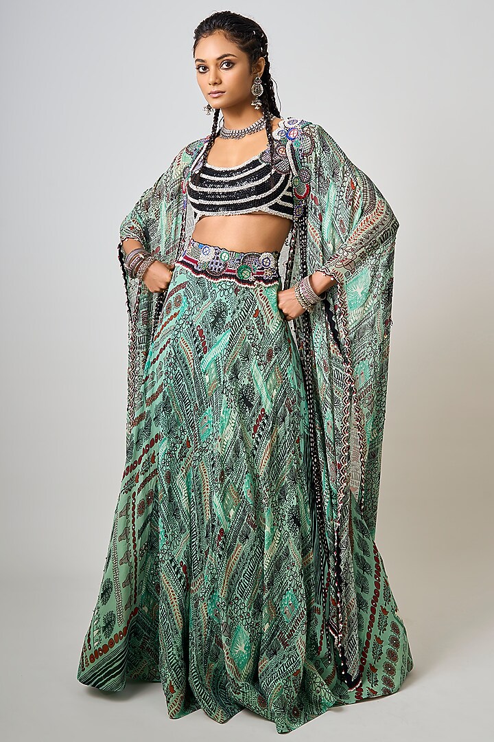 Mint Green Crepe Printed & Hand Embroidered Jacket Wedding Lehenga Set by Nupur Kanoi at Pernia's Pop Up Shop