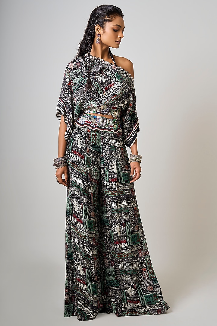 Black Crepe Printed & Hand Embroidered Co-Ord Set by Nupur Kanoi at Pernia's Pop Up Shop