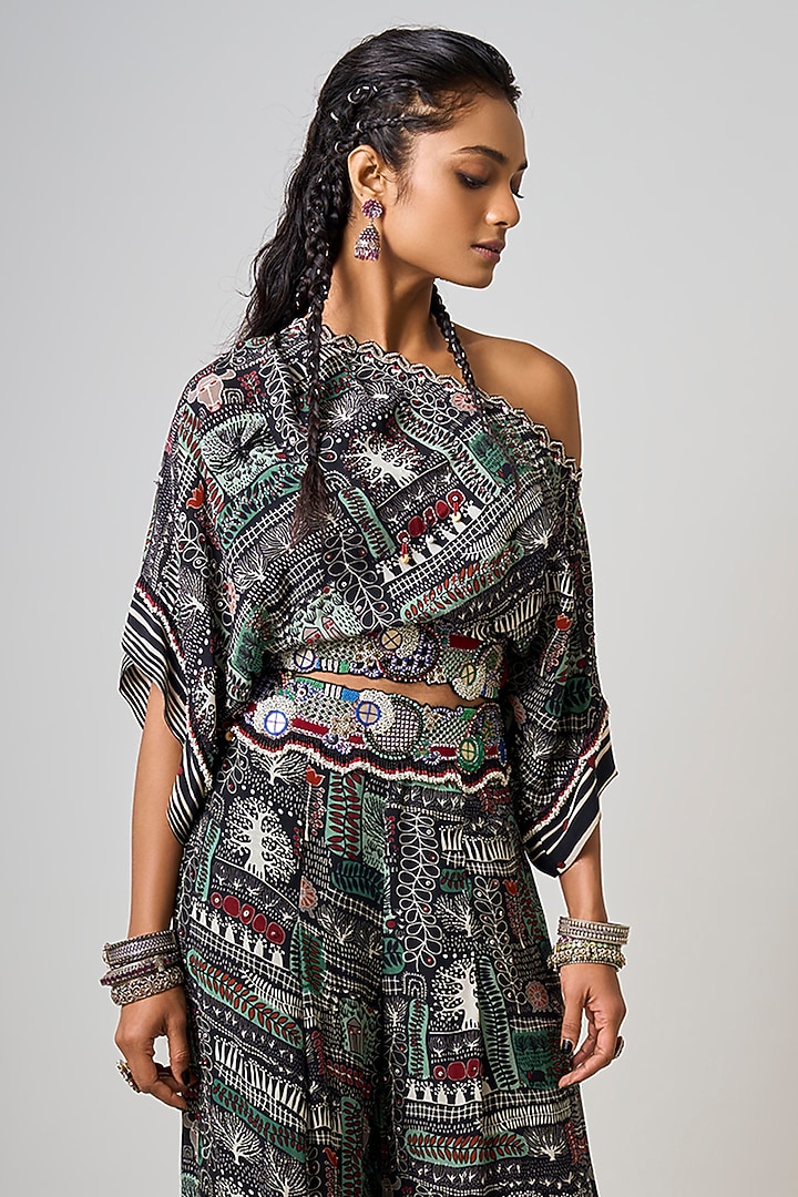 Black Crepe Printed & Hand Embroidered Co-Ord Set by Nupur Kanoi at Pernia's Pop Up Shop