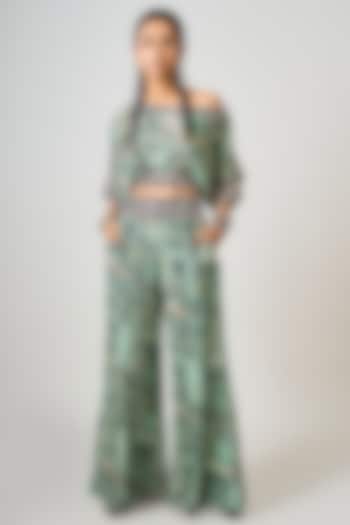 Mint Green Crepe Printed & Hand Embroidered Co-Ord Set by Nupur Kanoi at Pernia's Pop Up Shop