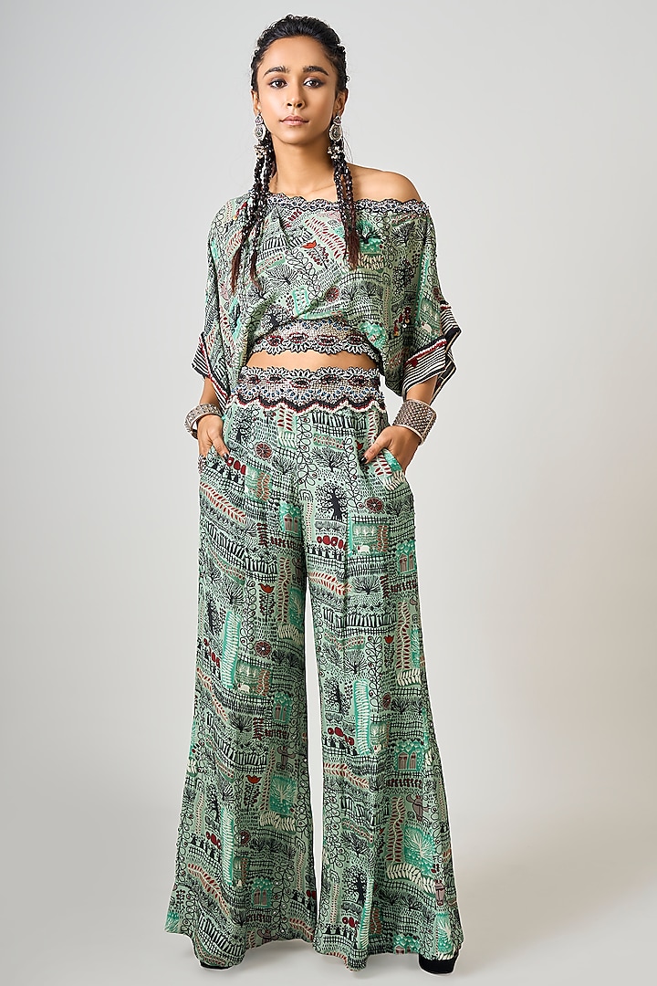 Mint Green Crepe Printed & Hand Embroidered Co-Ord Set by Nupur Kanoi at Pernia's Pop Up Shop