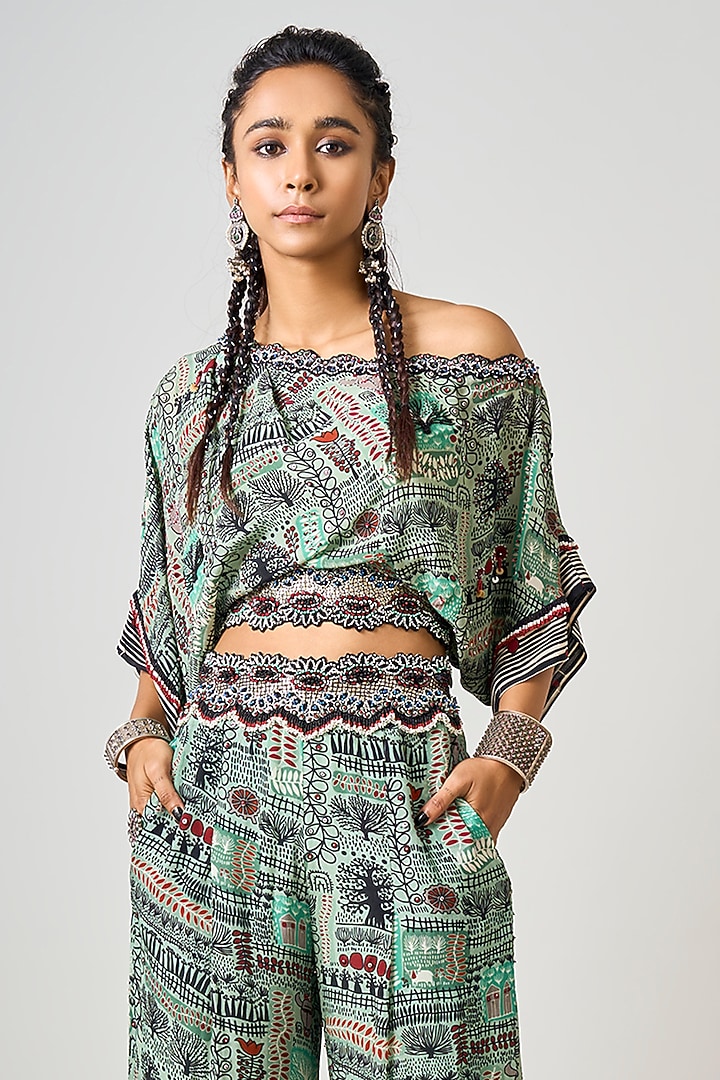 Mint Green Crepe Printed & Hand Embroidered Co-Ord Set by Nupur Kanoi at Pernia's Pop Up Shop
