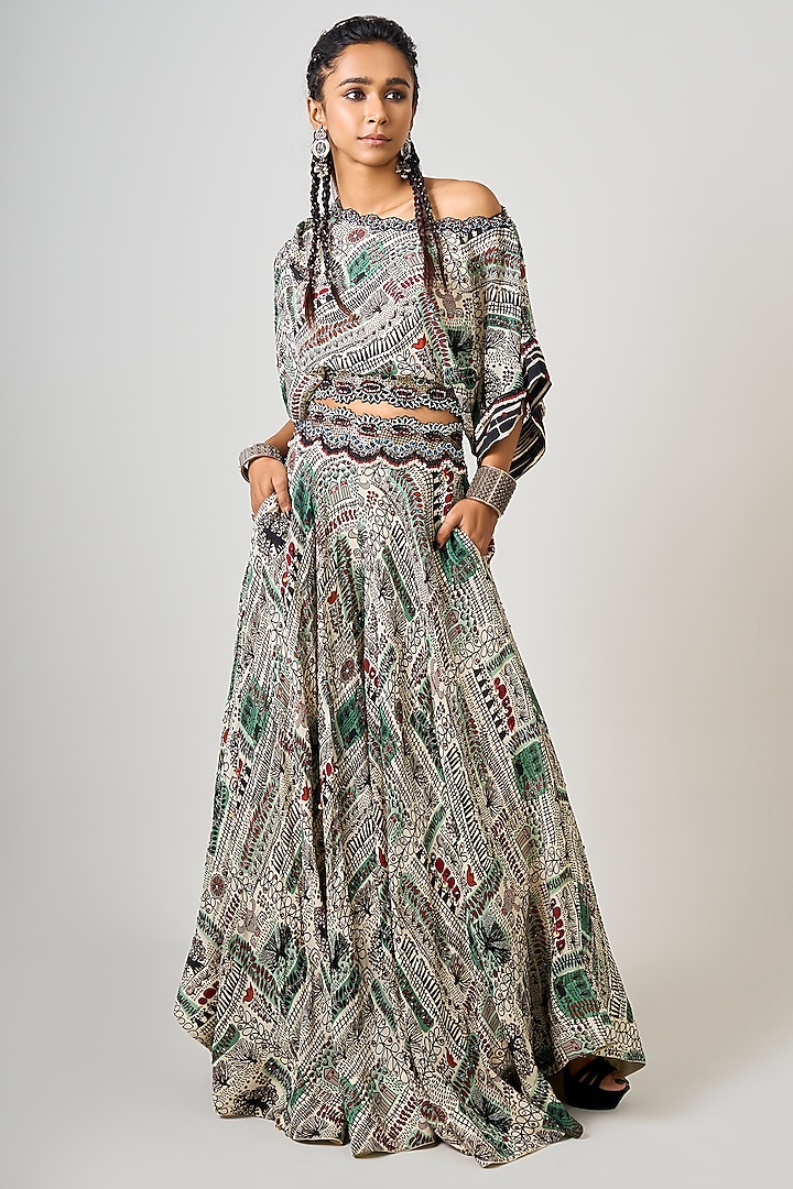 Off-White Crepe Printed & Hand Embroidered Co-Ord Set by Nupur Kanoi at Pernia's Pop Up Shop