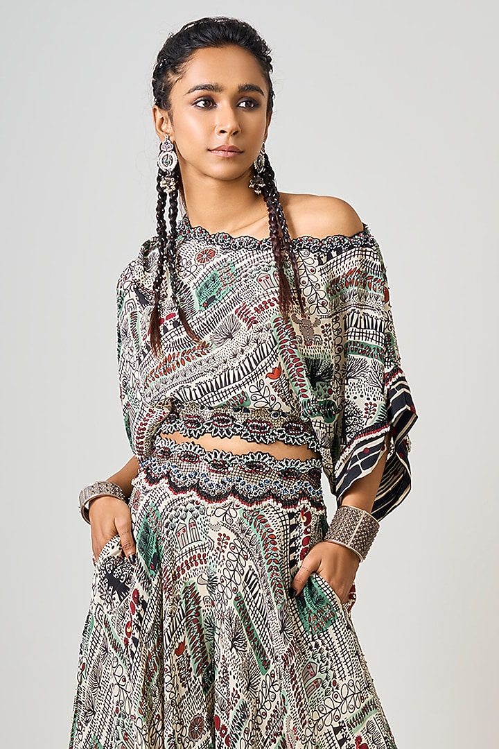 Off-White Crepe Printed & Hand Embroidered Co-Ord Set by Nupur Kanoi at Pernia's Pop Up Shop