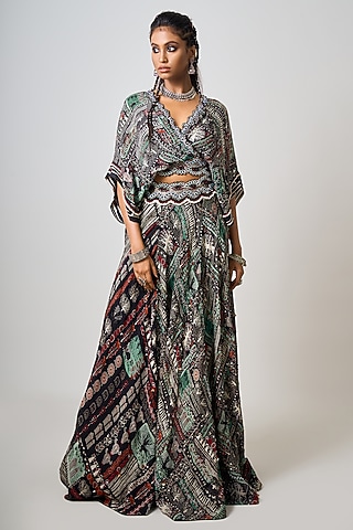 Black Crepe Printed & Hand Embroidered Lehenga Set by Nupur Kanoi