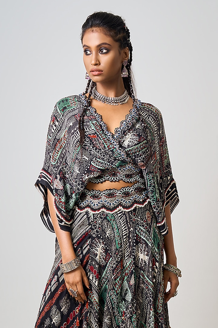 Black Crepe Printed & Hand Embroidered Wedding Lehenga Set by Nupur Kanoi at Pernia's Pop Up Shop