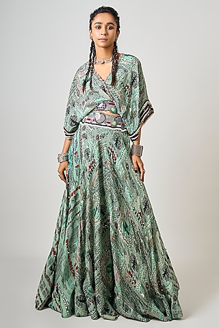 Mint Green Crepe Printed & Hand Embroidered Lehenga Set by Nupur Kanoi