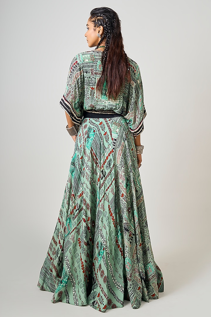 Mint Green Crepe Printed & Hand Embroidered Wedding Lehenga Set by Nupur Kanoi at Pernia's Pop Up Shop
