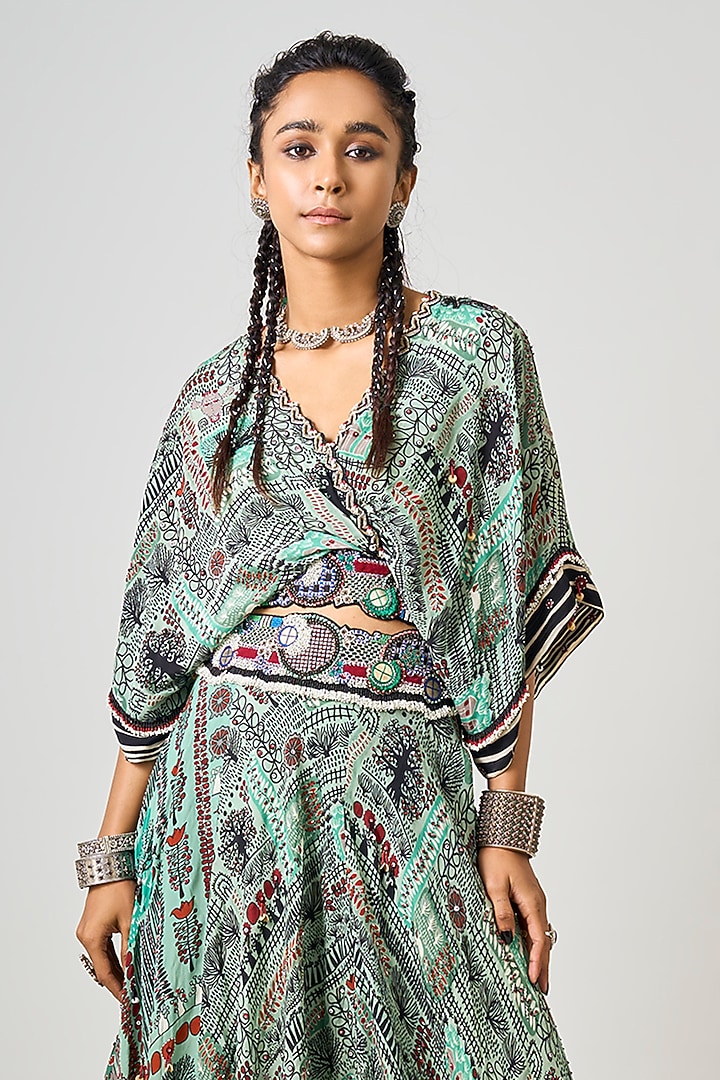 Mint Green Crepe Printed & Hand Embroidered Wedding Lehenga Set by Nupur Kanoi at Pernia's Pop Up Shop