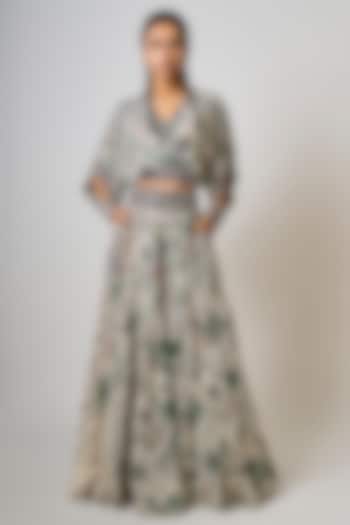 Off-White Crepe Printed & Hand Embroidered Wedding Lehenga Set by Nupur Kanoi at Pernia's Pop Up Shop