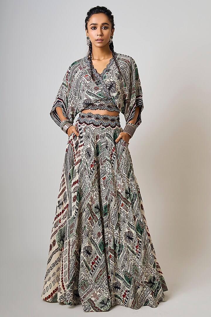 Off-White Crepe Printed & Hand Embroidered Wedding Lehenga Set by Nupur Kanoi at Pernia's Pop Up Shop