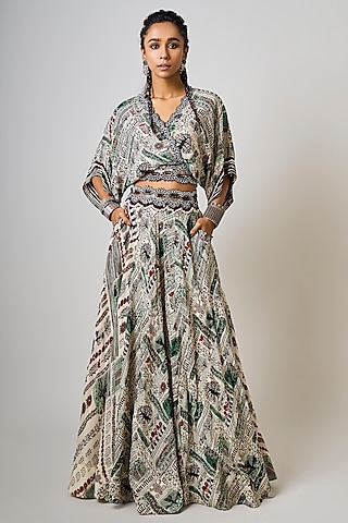 Off-White Crepe Printed & Hand Embroidered Lehenga Set by Nupur Kanoi