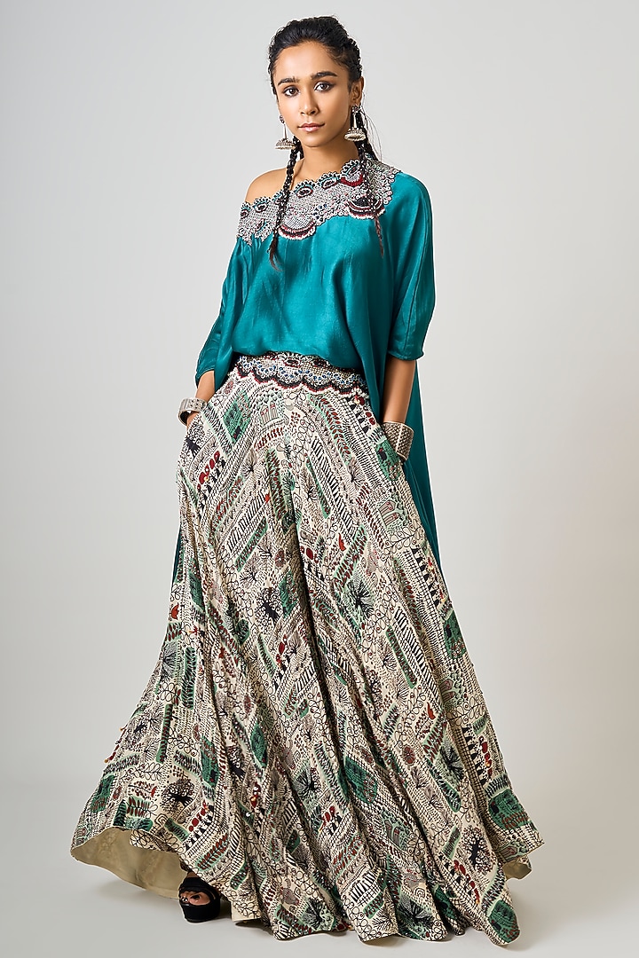 Teal & Off-White Crepe Printed Co-Ord Set by Nupur Kanoi at Pernia's Pop Up Shop