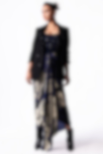 Navy Satin Printed & Embroidered Draped Party Wear Dress With Blazer by Nupur Kanoi at Pernia's Pop Up Shop