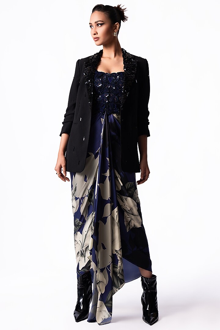 Navy Satin Printed & Embroidered Draped Party Wear Dress With Blazer by Nupur Kanoi at Pernia's Pop Up Shop