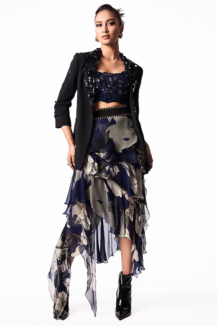 Navy Chiffon Printed Ruffled Skirt Set by Nupur Kanoi at Pernia's Pop Up Shop