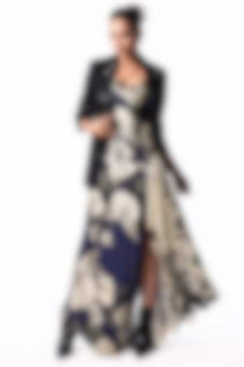 Navy Satin Printed Cowl Party Wear Dress With Embroidered Blazer by Nupur Kanoi at Pernia's Pop Up Shop