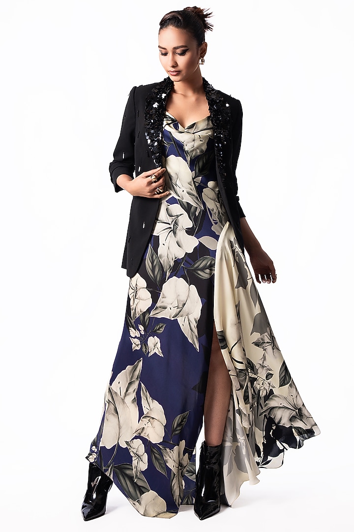 Navy Satin Printed Cowl Party Wear Dress With Embroidered Blazer by Nupur Kanoi at Pernia's Pop Up Shop