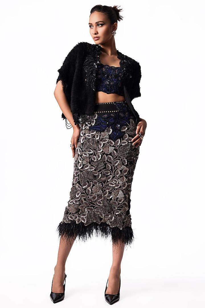 Navy Crepe & Lycra Embroidered Pencil Skirt Set by Nupur Kanoi at Pernia's Pop Up Shop