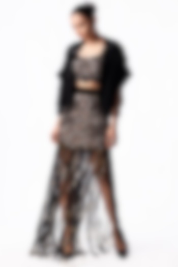 Black Crepe & Lycra Fringed Mini Skirt Set by Nupur Kanoi at Pernia's Pop Up Shop