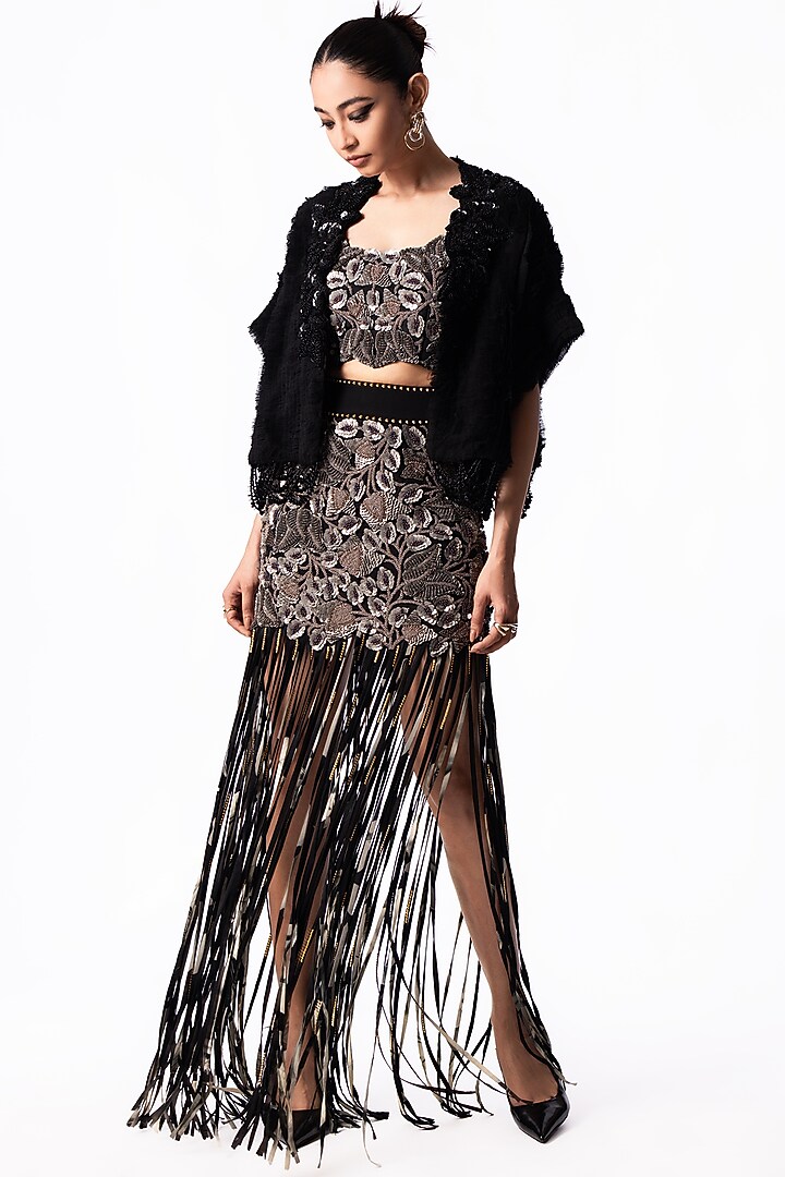 Black Crepe & Lycra Fringed Mini Skirt Set by Nupur Kanoi at Pernia's Pop Up Shop
