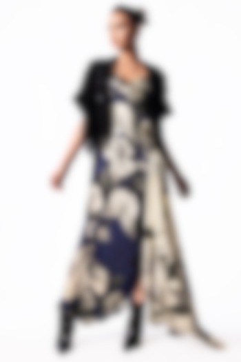 Navy Satin Printed Cowl Party Wear Dress With Embroidered Gilet by Nupur Kanoi at Pernia's Pop Up Shop