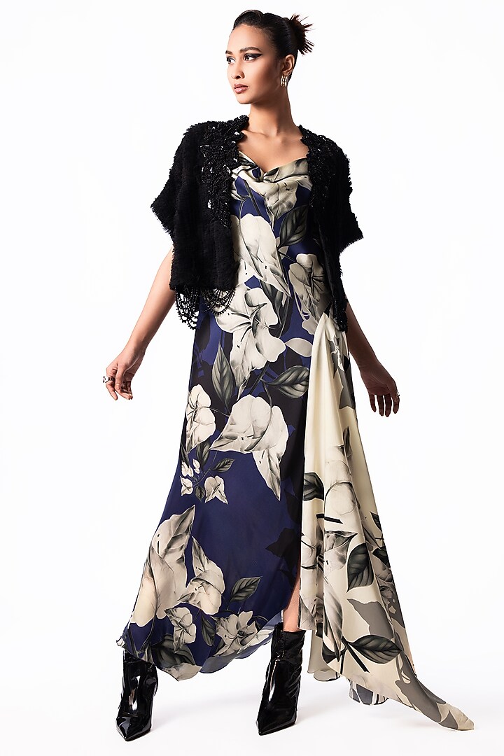 Navy Satin Printed Cowl Party Wear Dress With Embroidered Gilet by Nupur Kanoi at Pernia's Pop Up Shop
