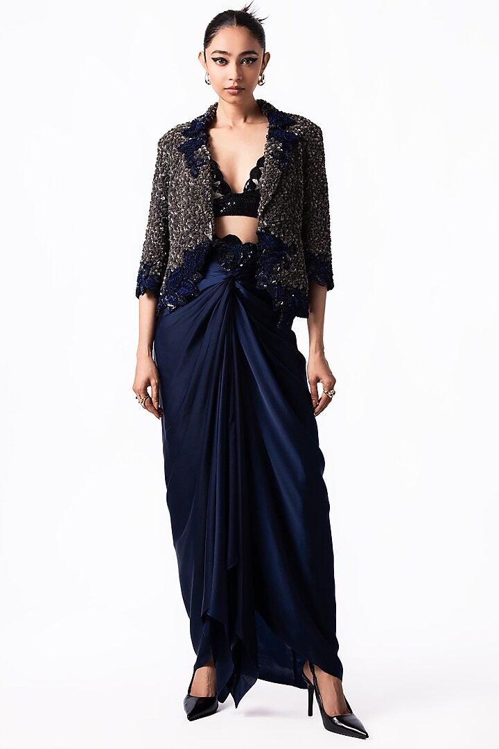 Navy Satin French Knotted Skirt Set by Nupur Kanoi at Pernia's Pop Up Shop