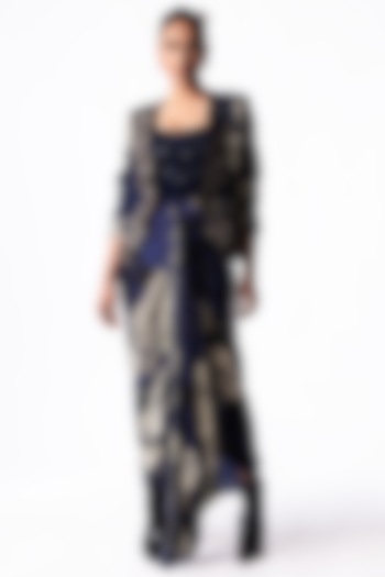 Navy Satin Printed & Embroidered Draped Jacket Party Wear Dress by Nupur Kanoi at Pernia's Pop Up Shop