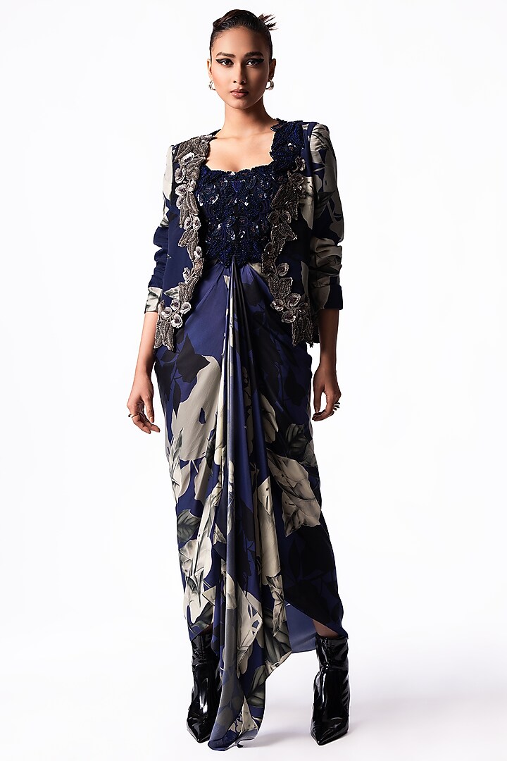Navy Satin Printed & Embroidered Draped Jacket Party Wear Dress by Nupur Kanoi at Pernia's Pop Up Shop